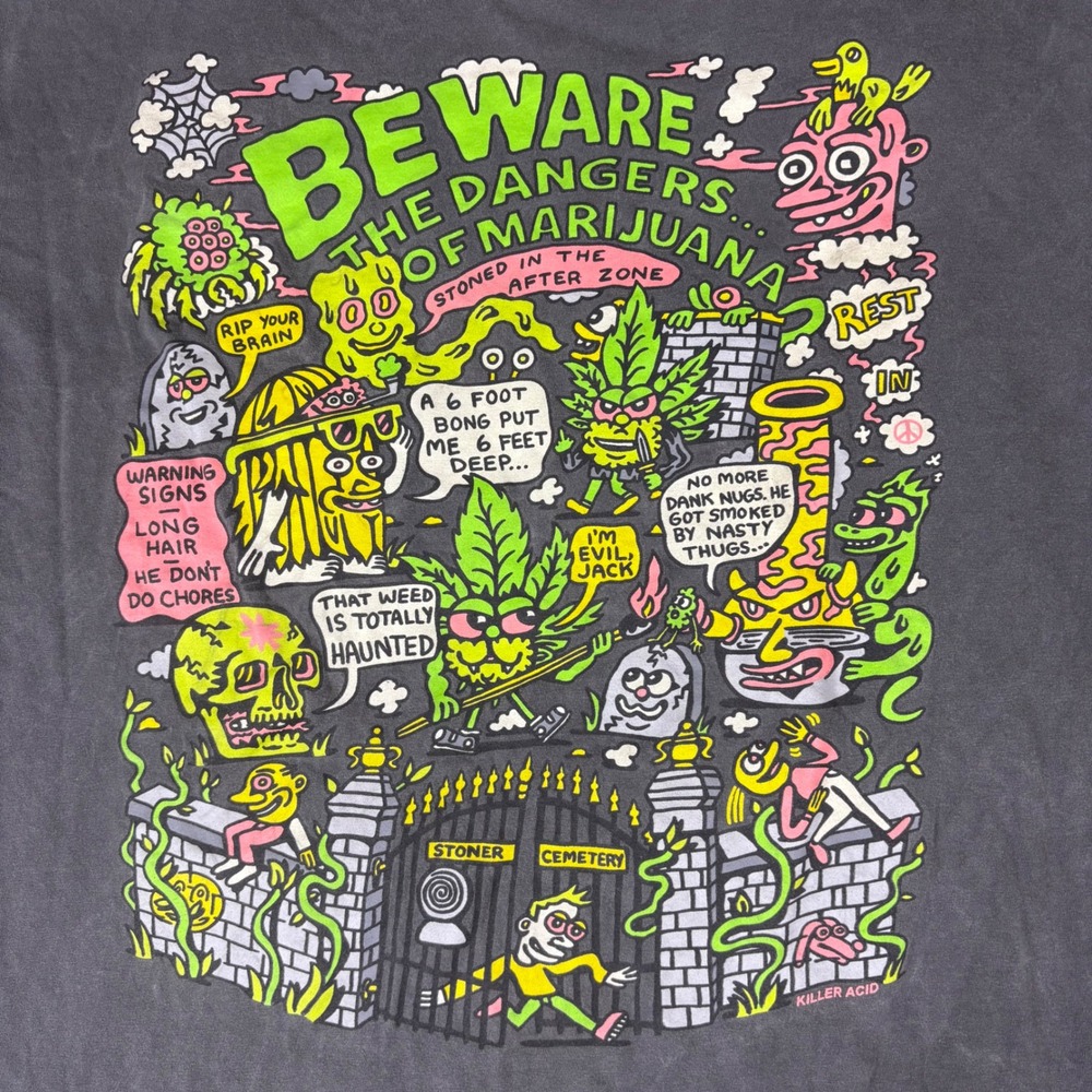 Killer Acid Graphic T Shirt Mens Large Beware Dangers Marijuana Stoner‎ Cemetery
